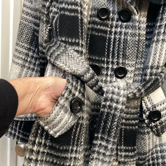 Plaid B/W Double Breastfed Car Coat Sz L - Picture 9 of 11
